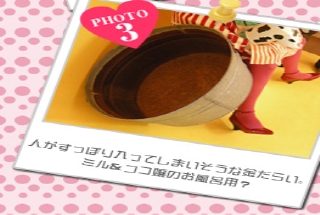 人がすっぽり入ってしまいそうな金だらい。ミル&ココ嬢のお風呂用?